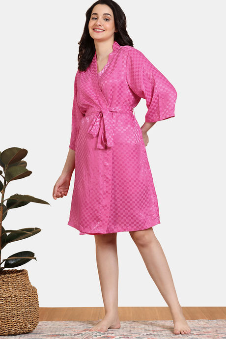 Zivame Checkered Sheen Woven Robe - Pink Yarrow — image 3